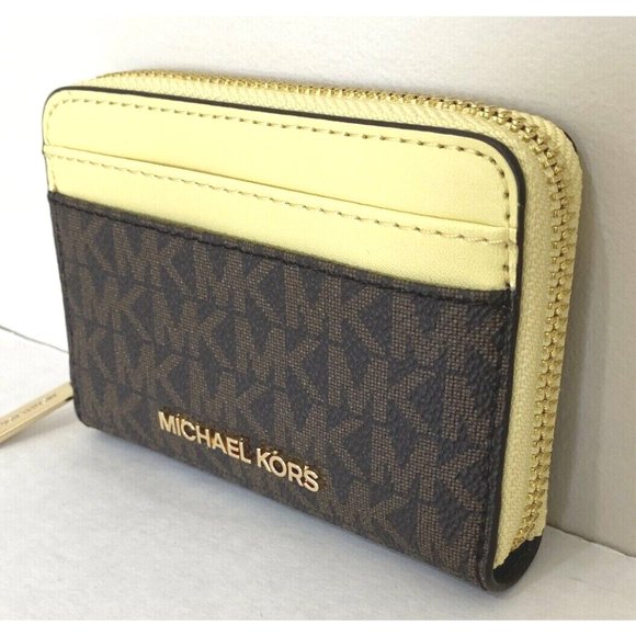 New Michael Kors Jet Set Travel Medium Card Case Wallet Brown / Buttercup - Picture 3 of 4